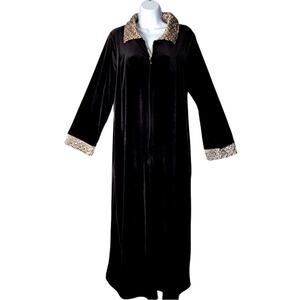 Vintage Cinema Etoile Black Velour Leopard Trim Robe Long Zip Front‎ L